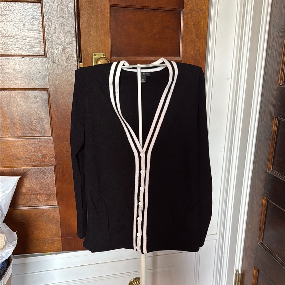 Talbots Side Slit Black Cardigan with White Trim- worn about 4-5 times